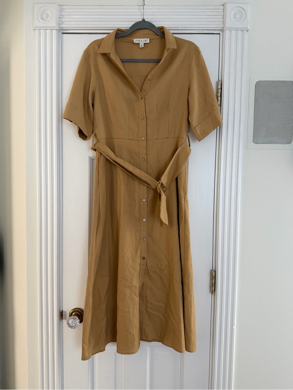 Button-Front Tan Shirt Dress with Waist Tie (She + Sky)